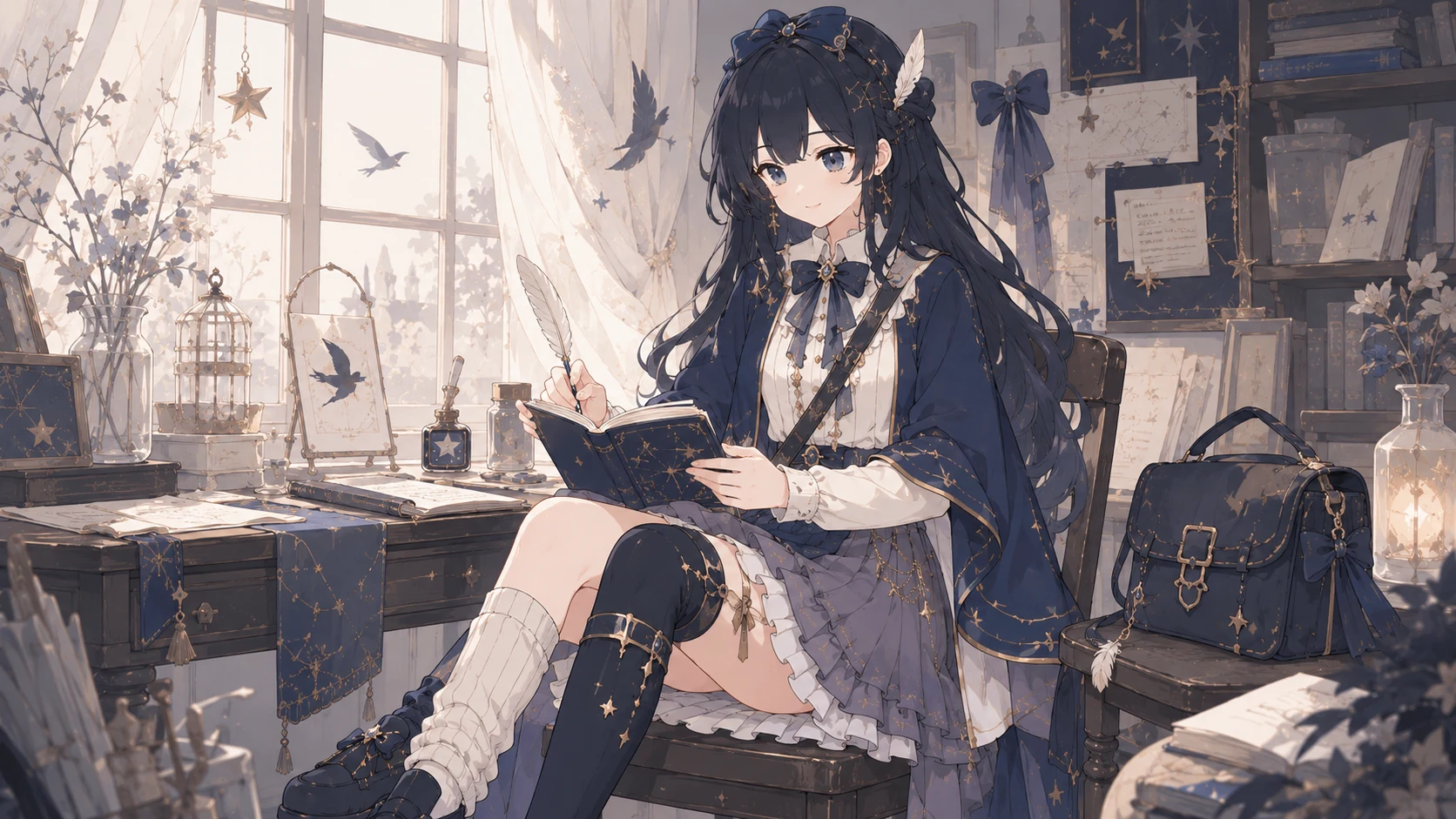 云月在星光书房中执笔创作的横版插画